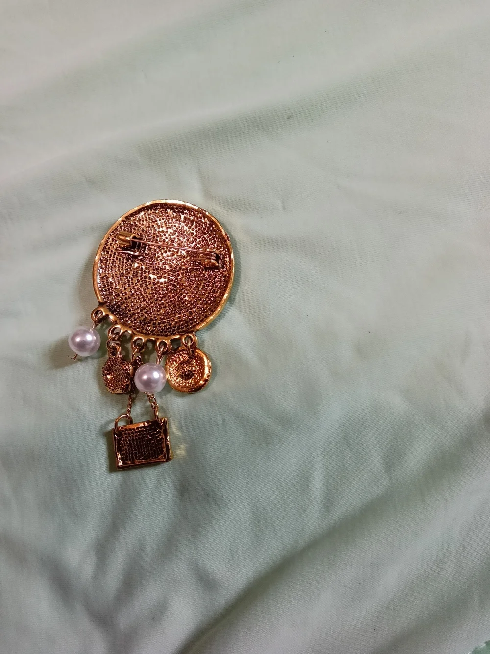 Gold-Tone Pearl & Burgundy Enamel Portrait Brooch with Charms